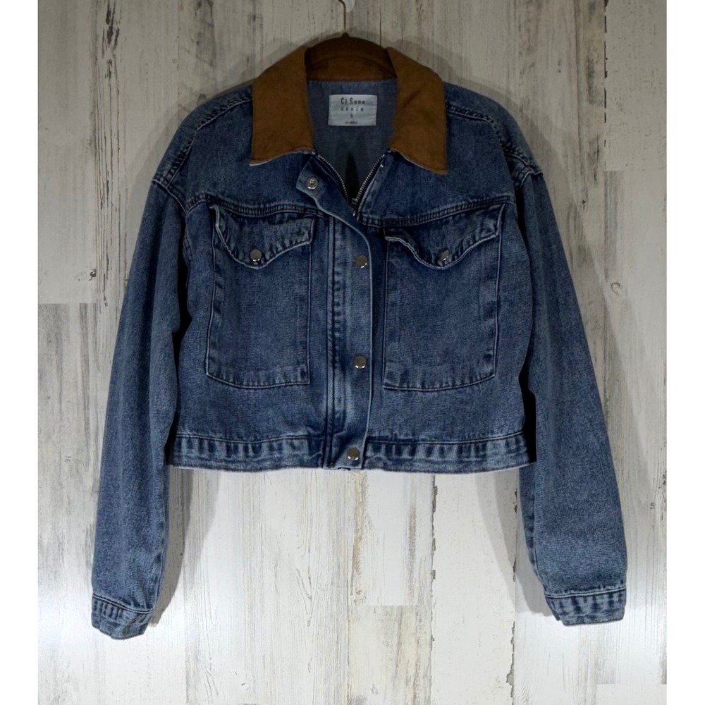 Ci Sono Denim Jacket Small Medium Wash Corduroy Collar Cropped Snap Zip Up